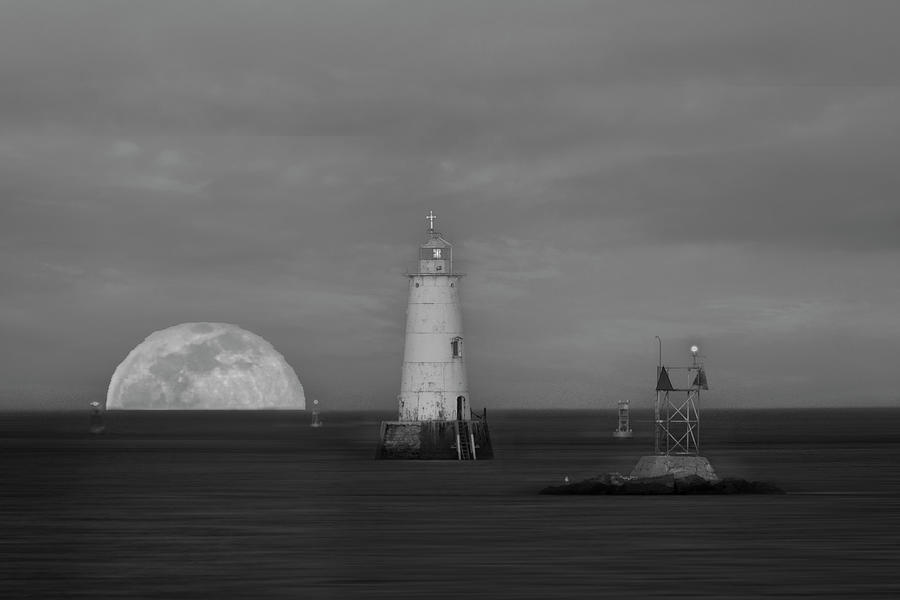 Great Beds Lighthouse Moon Rise BW Photograph by Susan Candelario