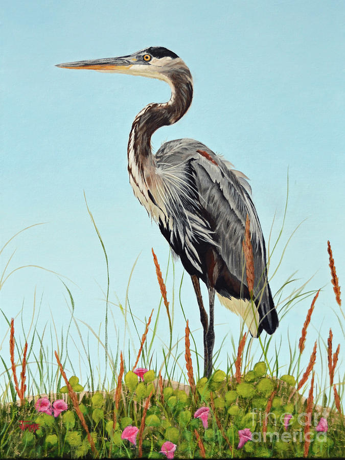 Great Blue Heron at Matagorda Beach Painting by Jimmie Bartlett