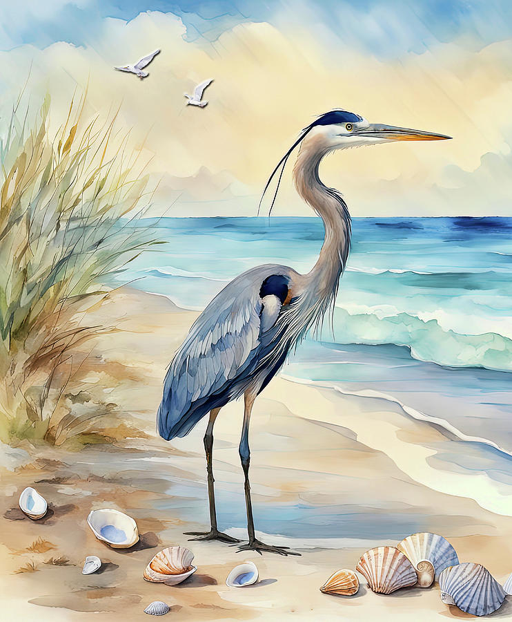 Great Blue Heron At The Beach  Digital Art by HH Photography of Florida