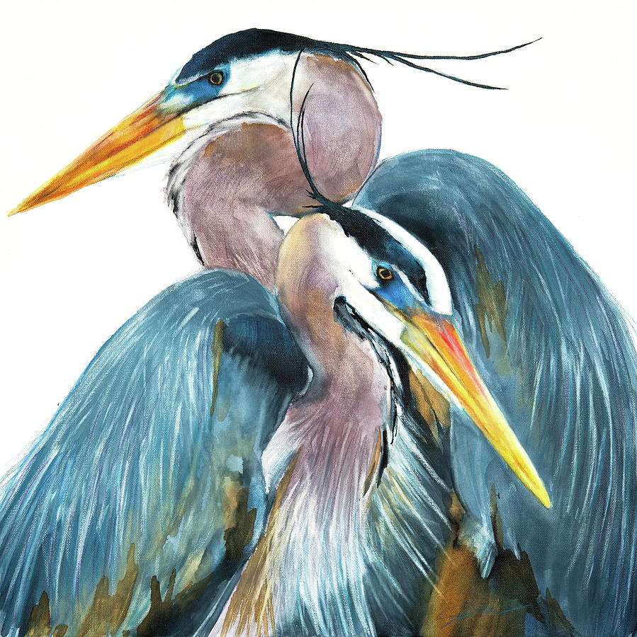 Great Blue Heron Couple Mixed Media by Jani Freimann