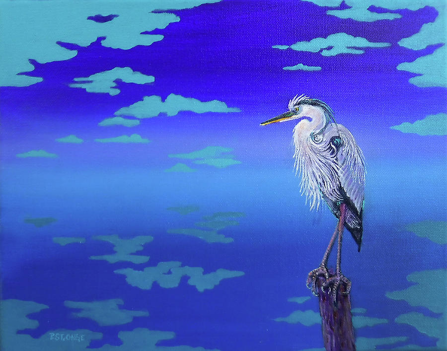Great Blue Heron, great blue skies Painting by Pat St Onge
