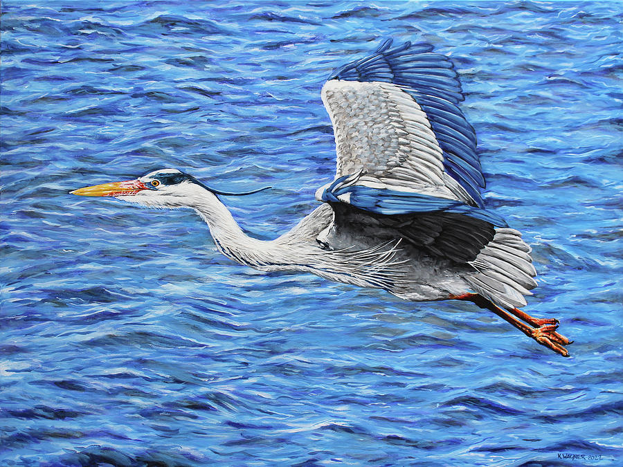 Great Blue Heron in Flight Painting by Karl Wagner