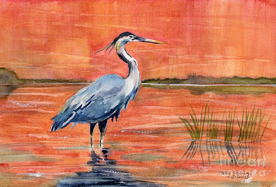 Great Blue Heron in Marsh Painting by Melly Terpening