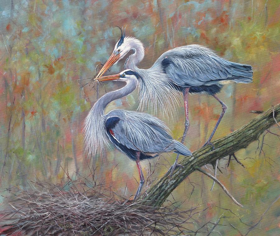 Great Blue Herons Nest Building Painting by David Stribbling