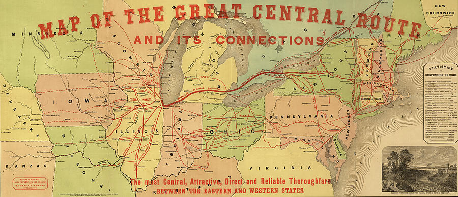 Transportation Drawing - Great Central Route and Connections 1855 by Vintage Maps