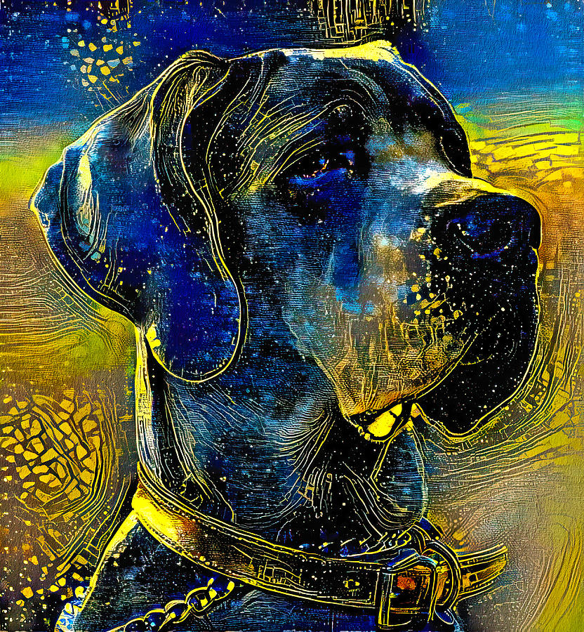 Great Dane portrait - starry blue with yellow colorful painting Digital Art by Nicko Prints