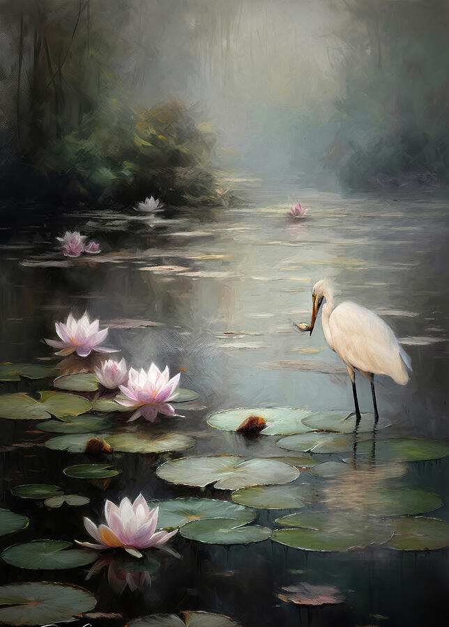 Egret Digital Art - Great Egret on Lily Pond by Eileen Senter