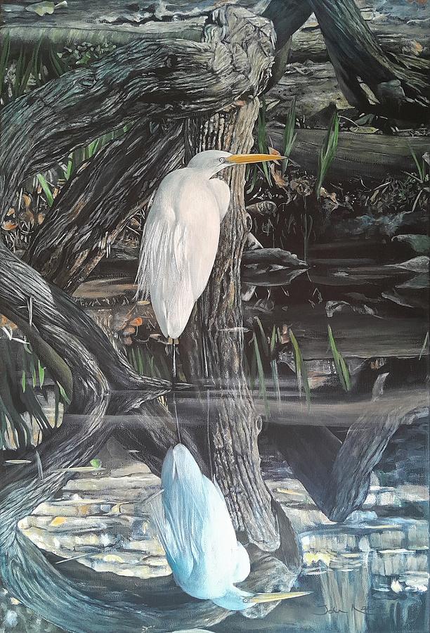 Great Egret with Reflection Painting by John Neeve