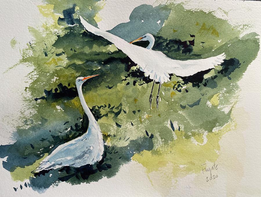 Great Egrets at Little St Simons Painting by Robert Fugate