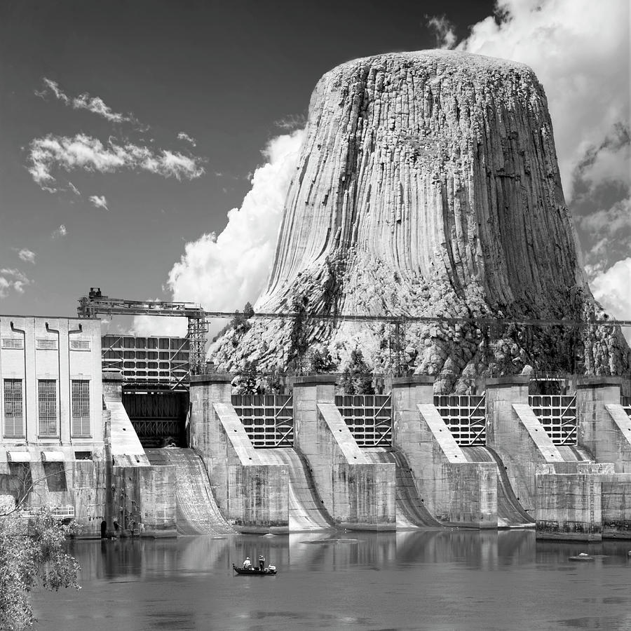 Great Falls SC Dam and Devils Tower BW Mixed Media by Bob Pardue