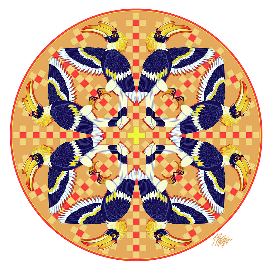 Hornbill Digital Art - Great Hornbill Cross Pattern Mandala by Tim Phelps