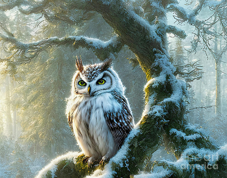 Great Horned Owl in the Snow by Kaye Menner Digital Art by Kaye Menner