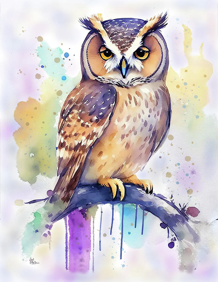 Great Horned Owl Watercolor Mixed Media by Sandi OReilly