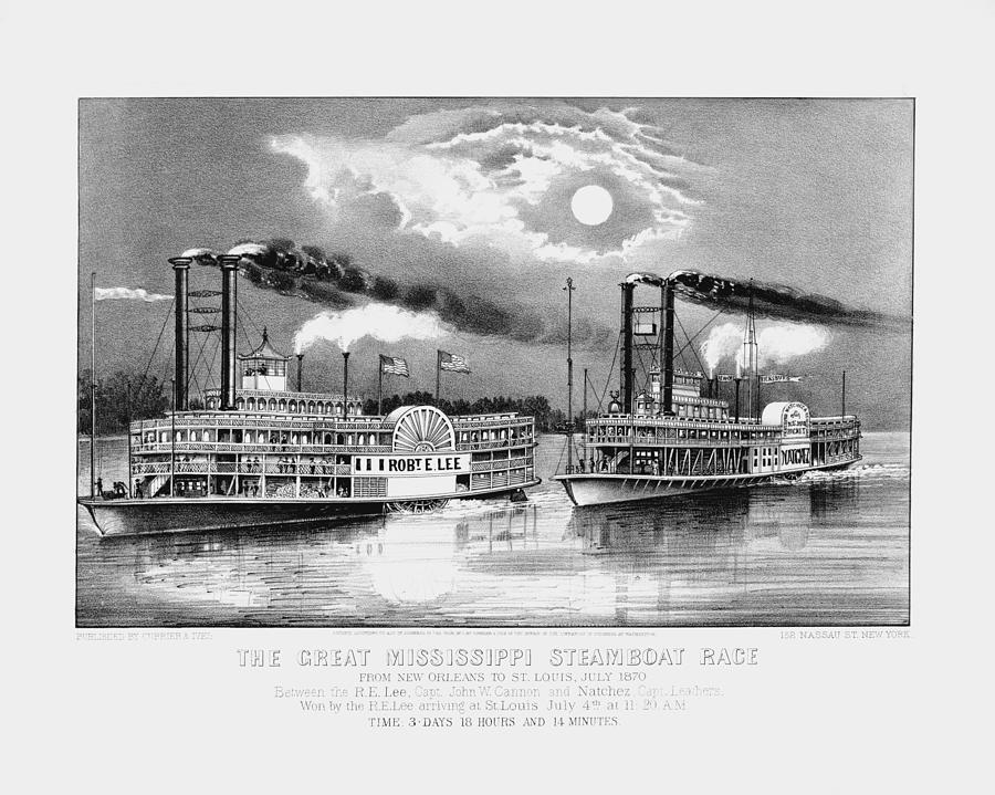 Great Mississippi Steamboat Race - From New Orleans to St. Louis - 1870 Drawing by War Is Hell Store
