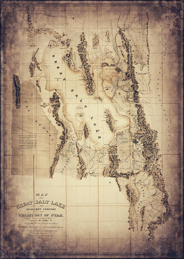 Vintage Photograph - Great Salt Lake Utah Vintage Map 1852 Sepia  by Carol Japp