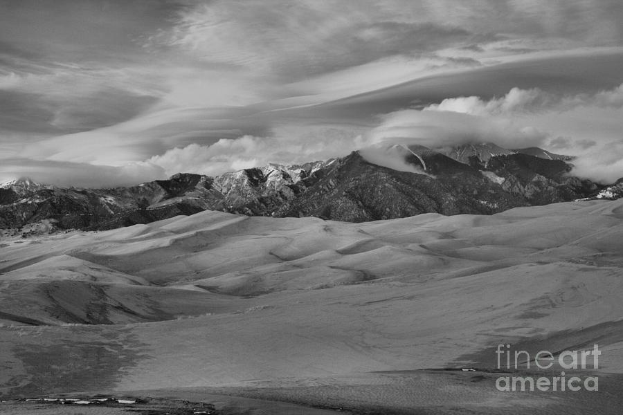 Great Sand Dunes Pink Cloudscape Black And White Photograph by Adam Jewell
