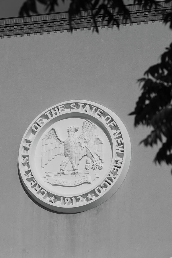 Great seal of New Mexico on the side of the New Mexico state capitol building in black and white Photograph by Eldon McGraw