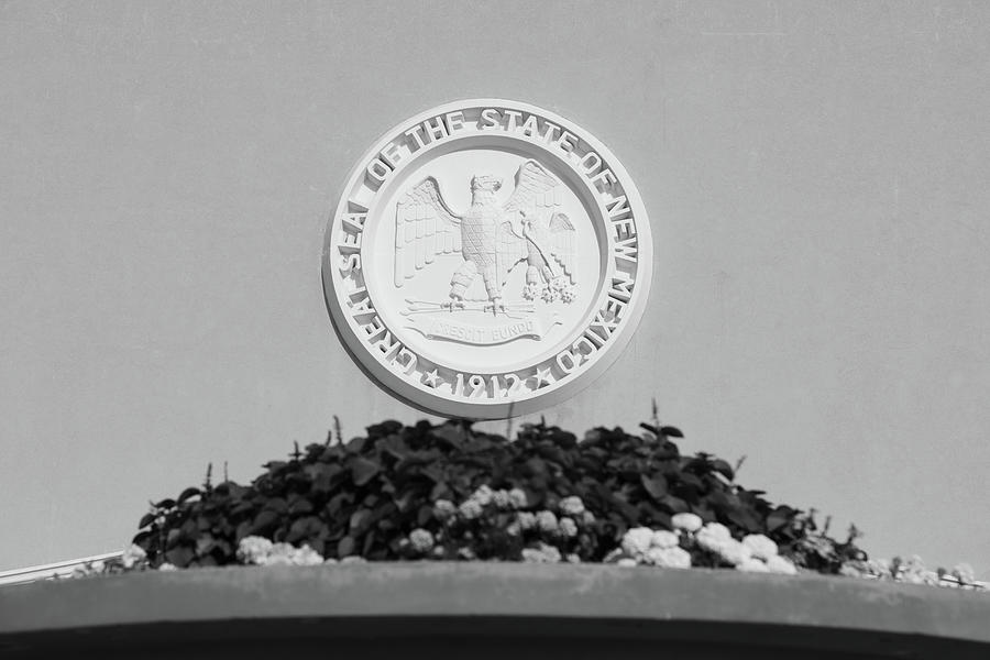 Great seal of New Mexico on the side of the state capitol in Santa Fe New Mexico in black and white Photograph by Eldon McGraw