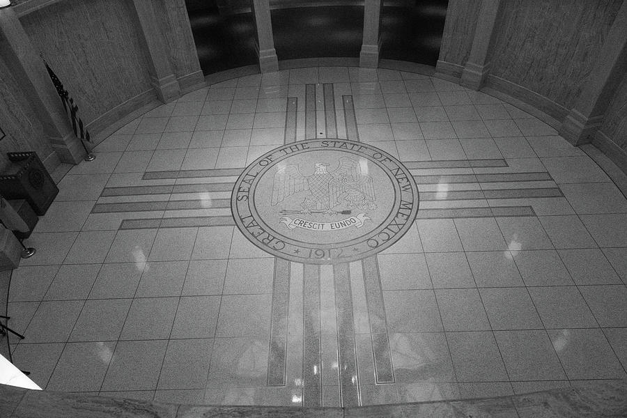 Great seal of New Mexico on the state capitol floor in black and white Photograph by Eldon McGraw