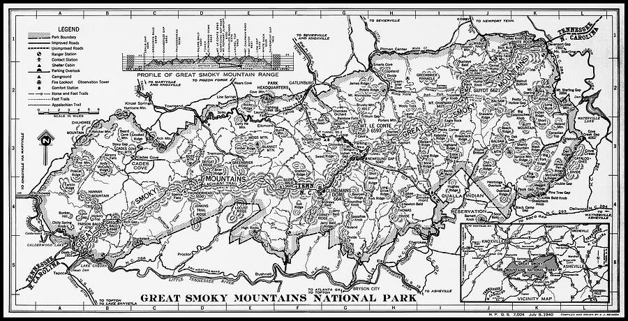 Great Smoky Mountains National Park Vintage Map 1940 Black and White Photograph by Carol Japp