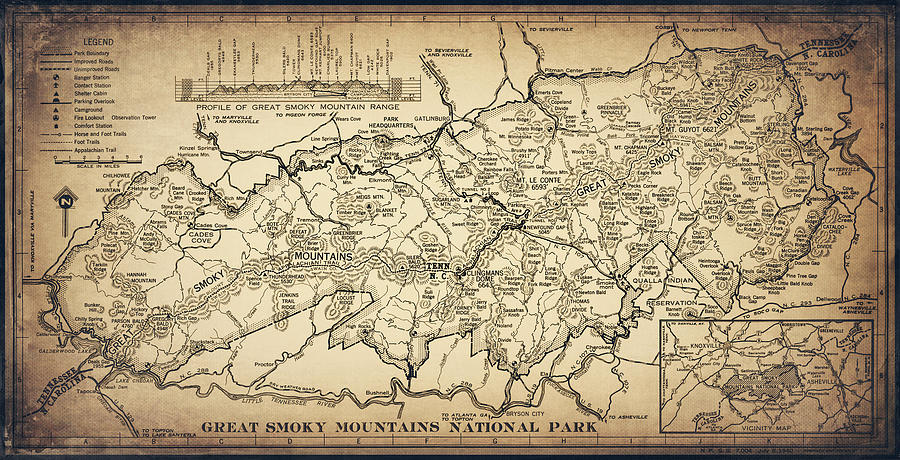 Vintage Photograph - Great Smoky Mountains National Park Vintage Map 1940 Sepia  by Carol Japp