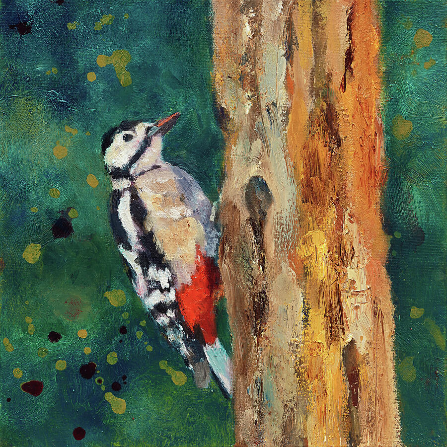 Great Spotted Woodpecker Painting by Maria Meester