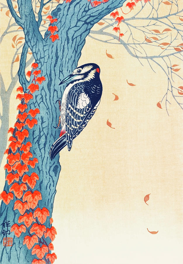 Great Spotted Woodpecker By Ohara Koson Painting