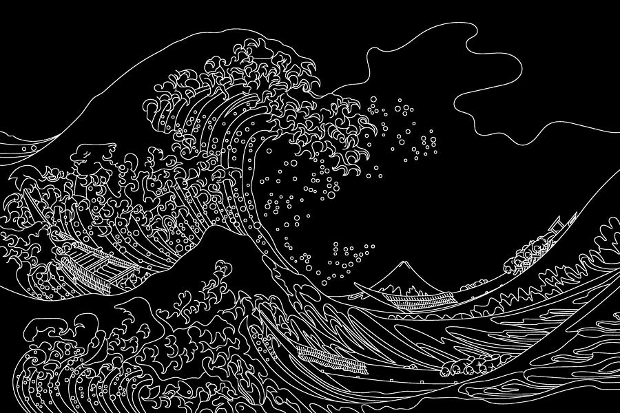 Great Wave Japanese Outline Hokusai Drawing Black Painting by Tony Rubino