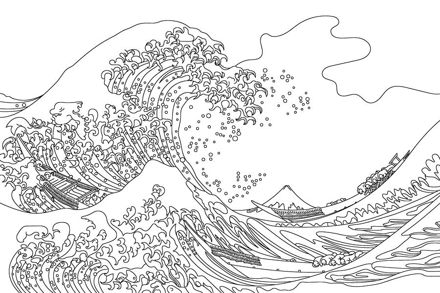 Great Wave Japanese Outline Hokusai Drawing White Painting by Tony ...