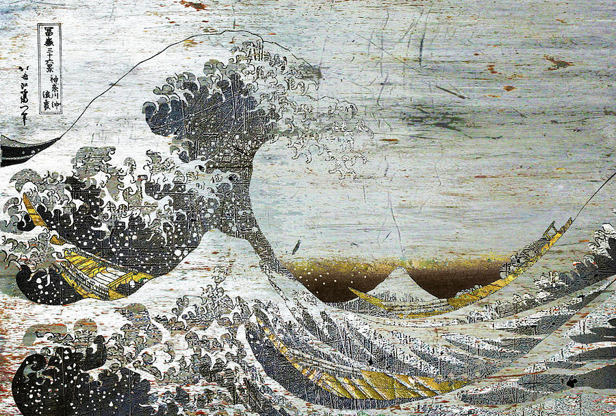 Great Wave Japanese Outline Hokusai Metallic Painting by Tony Rubino