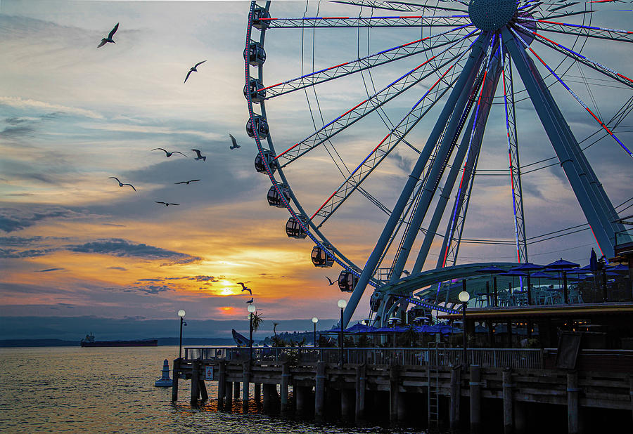 Great Wheel with Birds at Sunset Photograph by Darryl Brooks