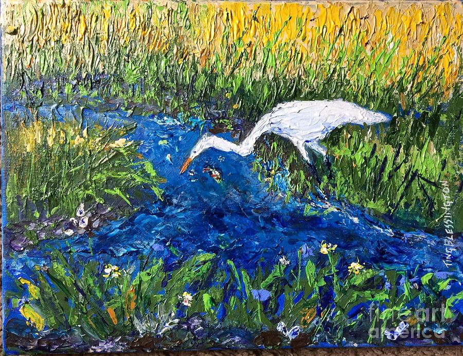 Great White Egret fishing Tybee Island marsh Painting by Doris Blessington