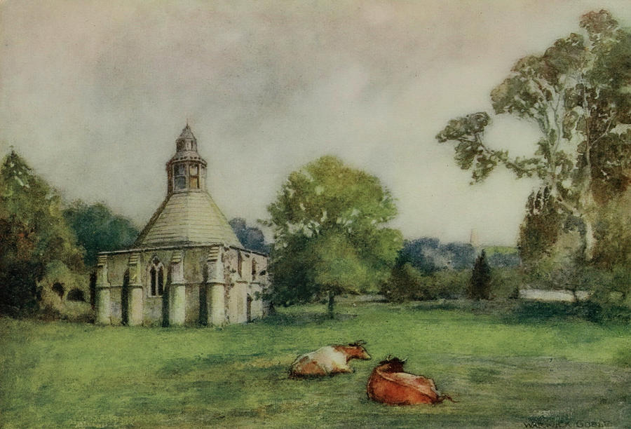 Warwick Goble Drawing - Greater Abbeys of England 1908 - Glastonbury Abbey, Abbots kitchen and Tor by Warwick Goble