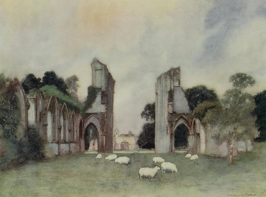 Warwick Goble Drawing - Greater Abbeys of England 1908 - Glastonbury Abbey, remains of Great Tower by Warwick Goble