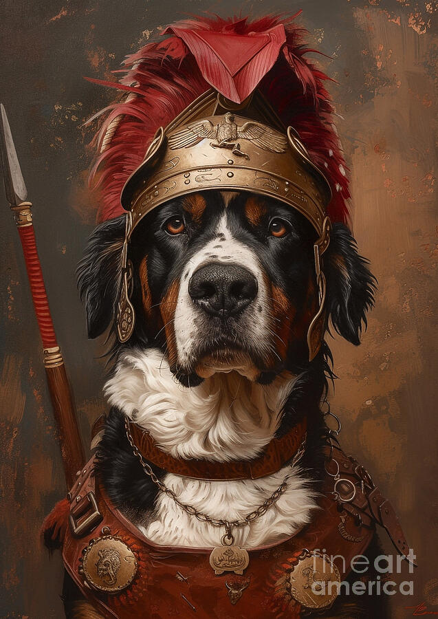 Dog Painting - Greater Swiss Mountain Dog - wearing the heavy armor of a Roman alpine troop by Adrien Efren