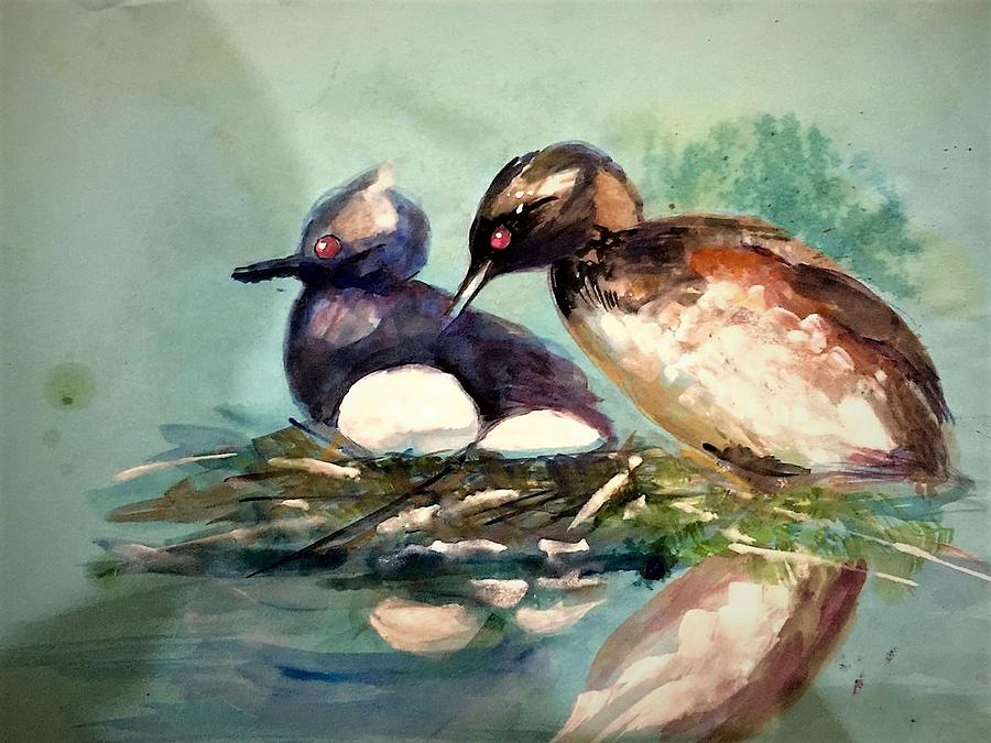 Grebes in a nest. Painting by Khalid Saeed