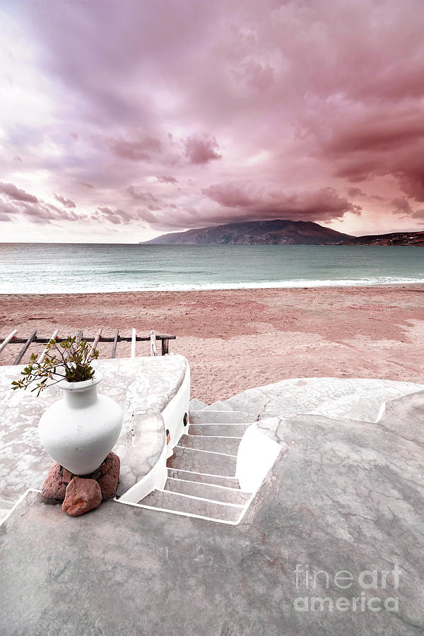 Holiday Photograph - Greece, Beach View with Pink Clouds in Skyros island by PrintsProject