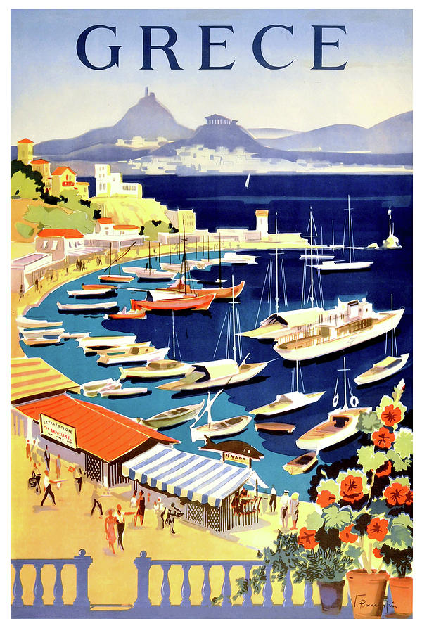 Greece, coast, fishing boats Painting by Long Shot