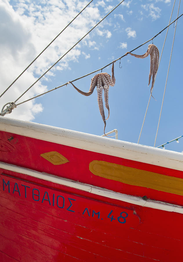 Greece, Cyclades Islands, Mykonos, Sun drying octopus on fishing boat Photograph by Tetra Images
