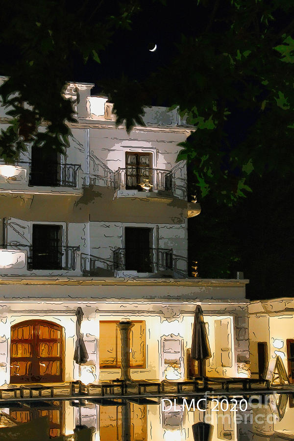 Greece Hotel Night Painting by Donna L Munro