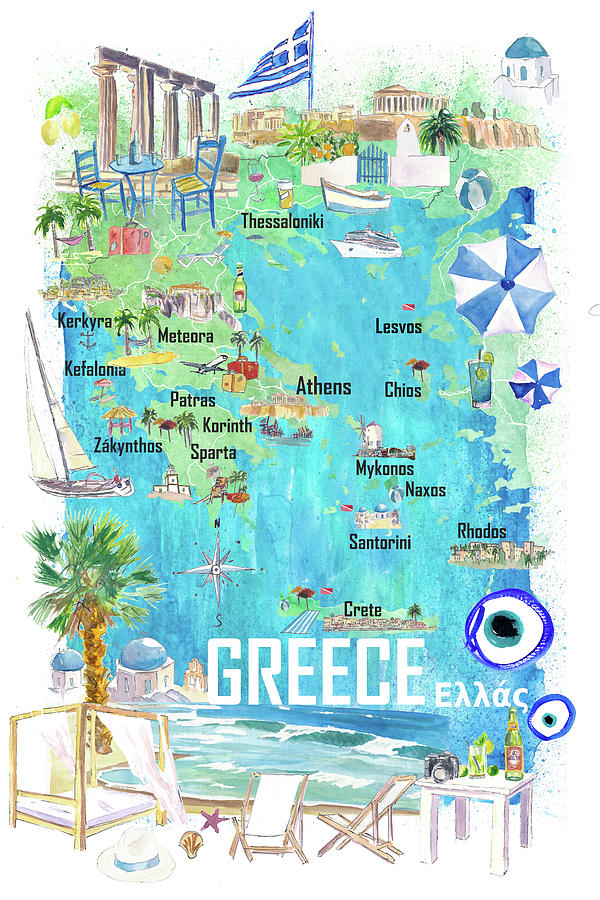 Greece Illustrated Travel Map in Mediterranean Aegean Adriatic Seas