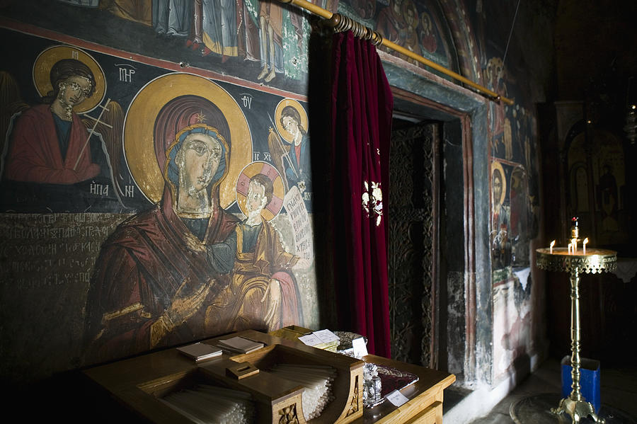 Greece, Samos, Mili, Moni Megalis Panagia Monastery interior Photograph by Walter Bibikow
