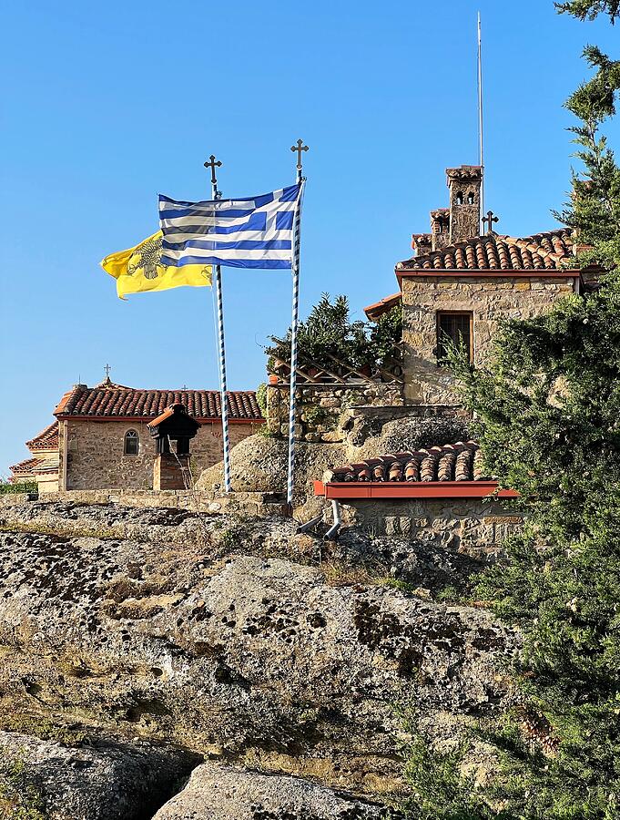 Greek Flags at Saint Stephens in Meteora  Photograph by Carla Parris