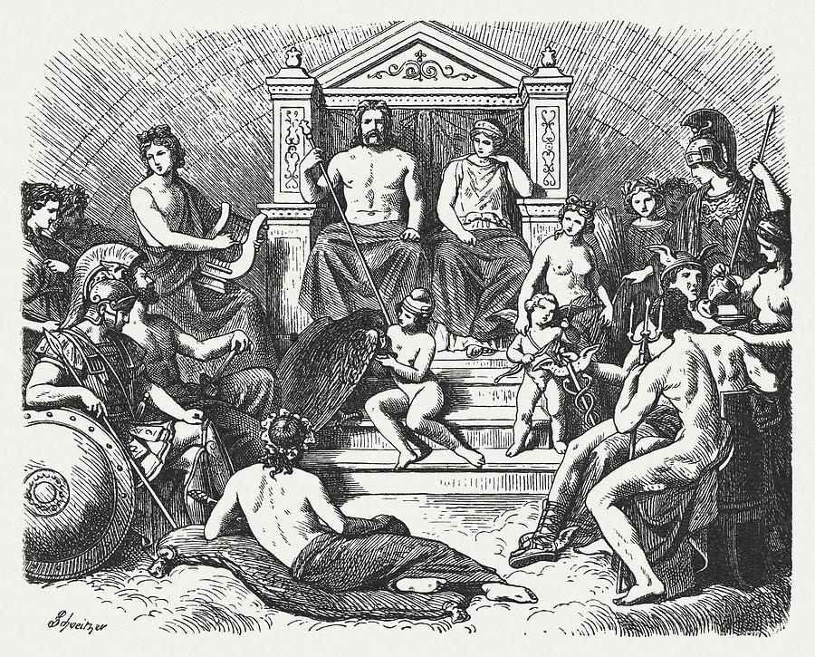Greek gods in the Olymp, Greek mythology, published in 1880 Drawing by Zu_09