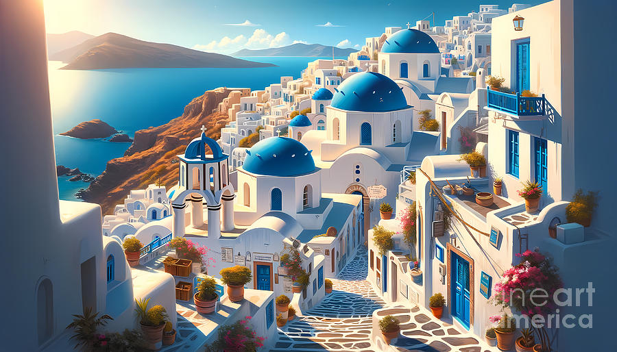 Greek Digital Art - Greek Island Village, Whitewashed buildings and blue domes in a beautiful Greek island village by Jeff Creation