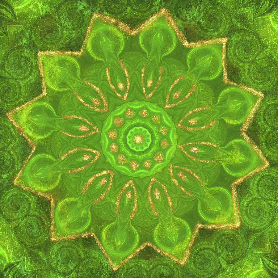 Green and Gold Mandala Digital Art by Irene Moriarty