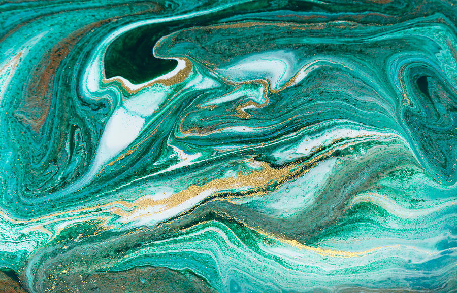 Green and gold ripple of agate background. Golden powder marble texture ...