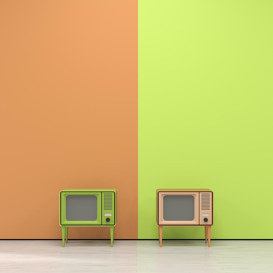 Green and orange television in retro style in front of orange yellow wall Drawing by Westend61