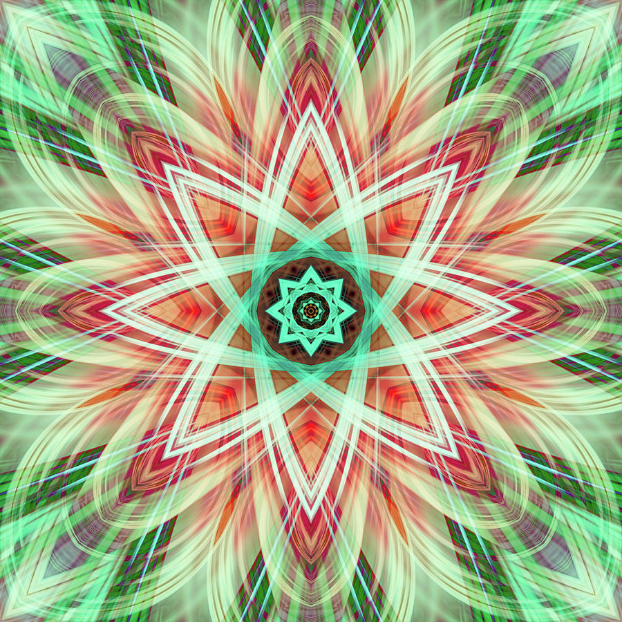 Green and Red Kaleidoscope Patterns Mandala Digital Art by Manpreet Sokhi