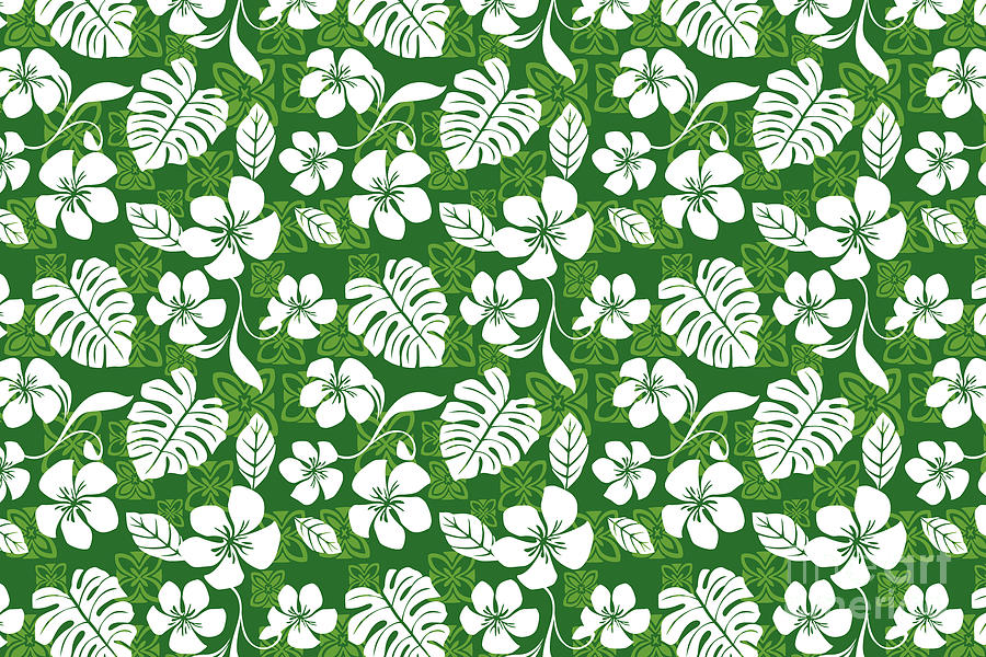Green and White Hawaiian Flower Blooms and Tropical Leaves Pattern Photograph by PIPA Fine Art - Simply Solid